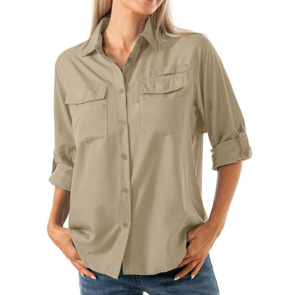 POENTAB Long Sleeve Fishing Shirts for Women Quick Dry Sun UV Protection Convertible Button Shirt Blouse for Hiking Safari