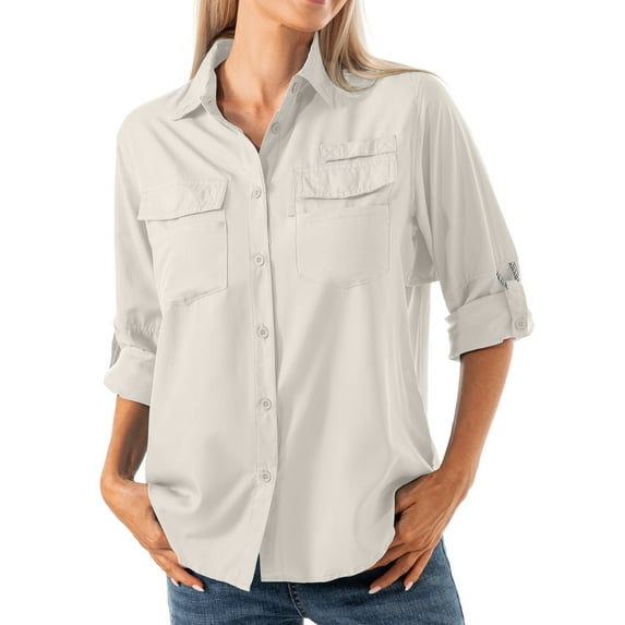 POENTAB Long Sleeve Fishing Shirts for Women Quick Dry Sun UV Protection Convertible Button Shirt Blouse for Hiking Safari