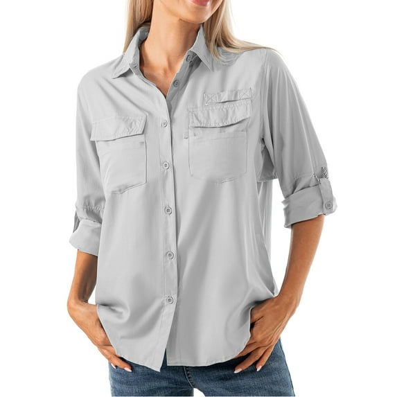 POENTAB Long Sleeve Fishing Shirts for Women Quick Dry Sun UV Protection Convertible Button Shirt Blouse for Hiking Safari