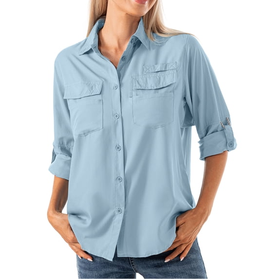 POENTAB Long Sleeve Fishing Shirts for Women Quick Dry Sun UV Protection Convertible Button Shirt Blouse for Hiking Safari