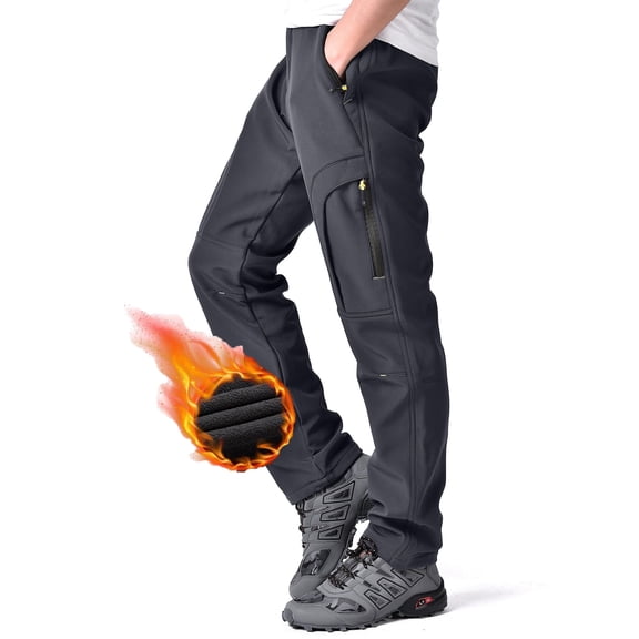 POENTAB Fleece Lined Pants For Men Water Resistant Windproof Ski Snow Pant Winter Thermal Work Trousers with Zipper Pockets Grey 38