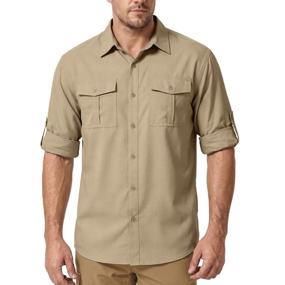 POENTAB Mens Safari Work Shirts Long Sleeve Hiking Fishing Tops UPF 50+ Quick Dry Camping Travel Button Down Shirt with Pockets
