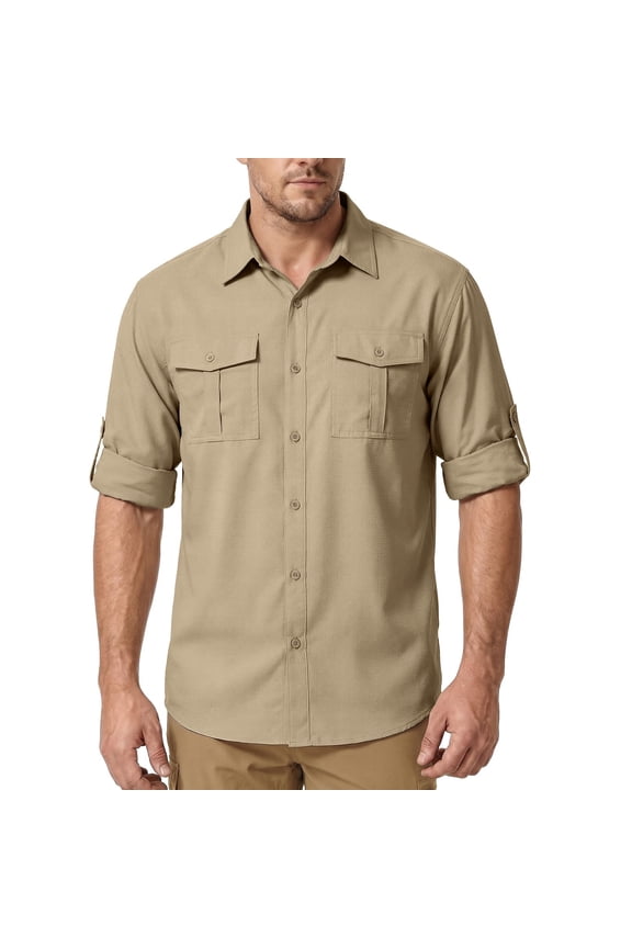 Mens Safari Work Shirts Long Sleeve Hiking Fishing Tops UPF 50+ Quick Dry Camping Travel Button Down Shirt with Pockets