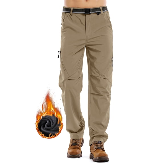 POENTAB Mens Snow Pants,Waterproof Fleece Lined Winter Regular Fit Pants Khaki 32
