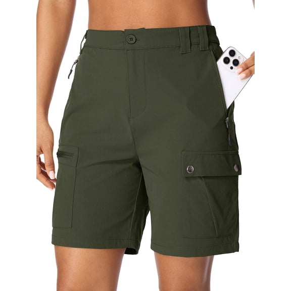 POENTAB Summer Shorts for Women Casual Hiking Fishing Cargo Shorts Quick Dry Lightweight Athletic Golf Zipper Pockets Green
