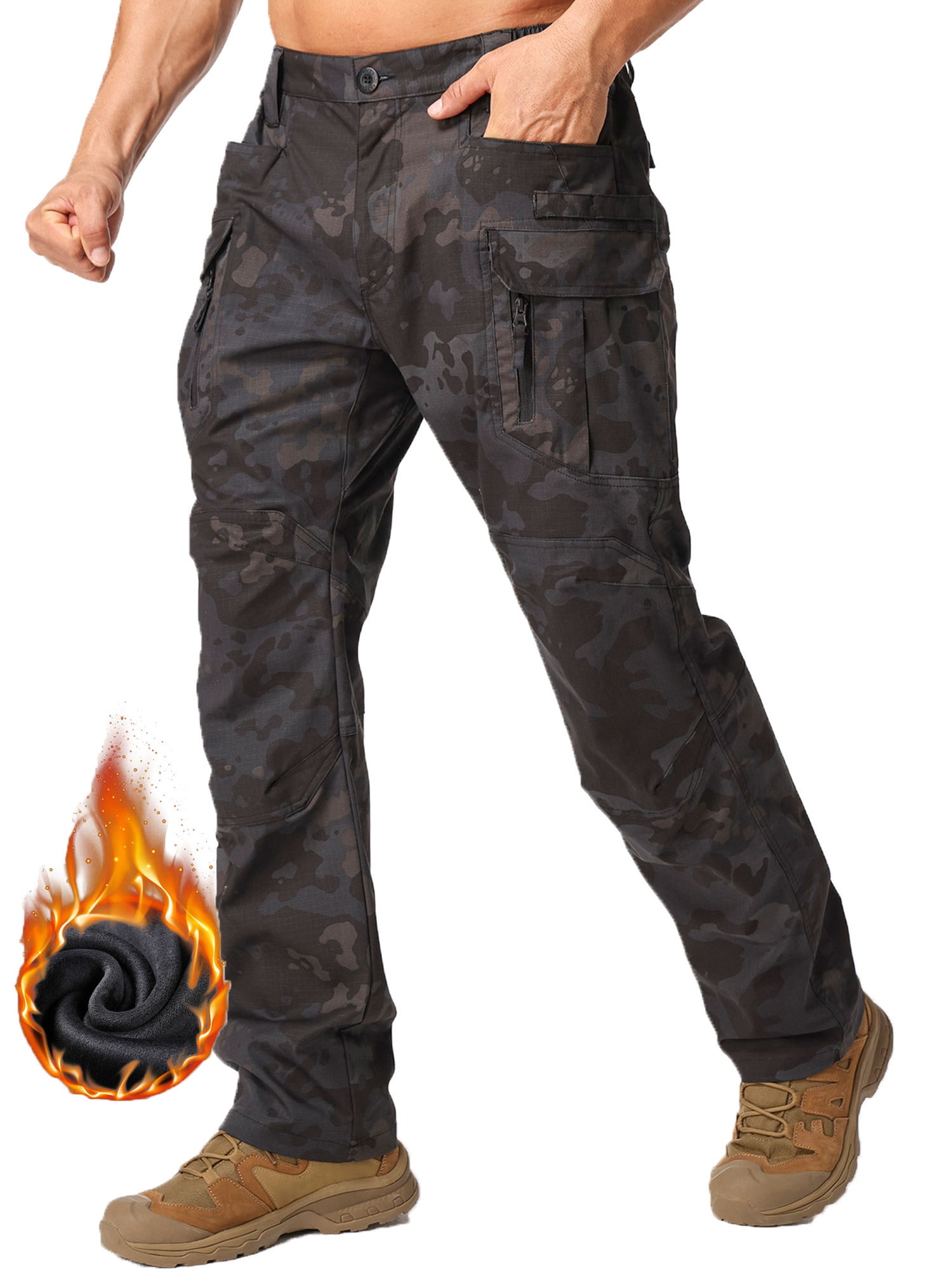 POENTAB Men's Fleece Lined Outdoor Cargo Hiking Pants Camo Winter Water ...
