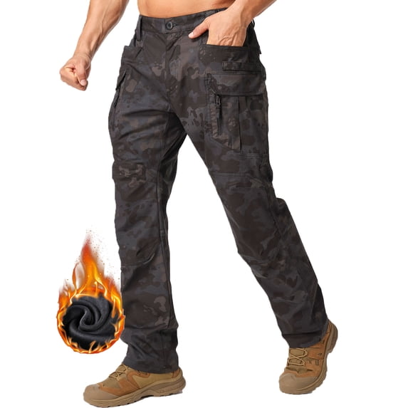 POENTAB Men's Fleece Lined Outdoor Cargo Hiking Pants Camo Winter Water Resistant Snow Ski Work Pant with Zipper Pockets