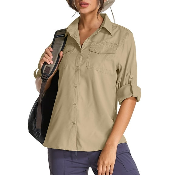 POENTAB Long Sleeve Uv Protection Shirts for Women LightWeight Quick Dry Cool Shirt Outdoor Fishing Hiking Camping Work Wear Khaki