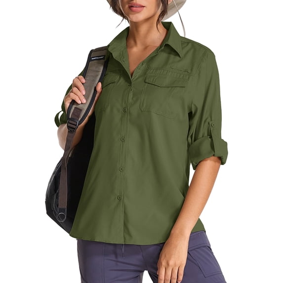 POENTAB Womens Fishing Shirts Casual Outdoor Long Sleeve UV Sun Protection Work Blouse Quick Dry Hiking Button Shirt Tops Green
