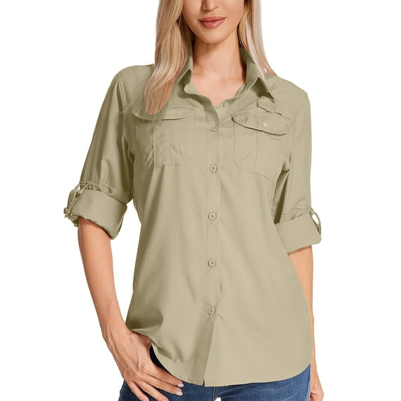 POENTAB Long Sleeve Shirts for Women Casual Button Down Hiking Fishing Gardening Shirt UPF 50+ UV Sun Protection Summer Fall Tops