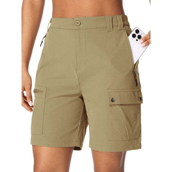 POENTAB Women's 7" Hiking Cargo Shorts with Pockets Quick Dry Lightweight Fishing Work Shorts for Women Casual Travel Summer Khaki