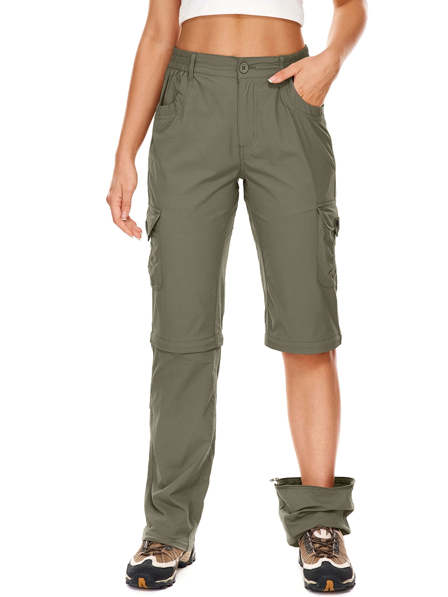 POENTAB Women's Hiking Pants Convertible Quick Dry Stretch Lightweight Zip-Off Outdoor Pants with 6 Deep Pockets Green