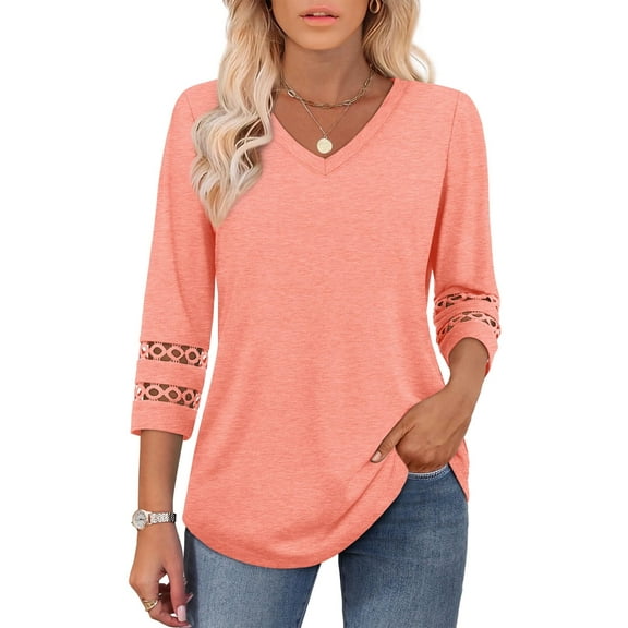POENTAB Womens Summer Tops with 3/4 Hollow-out Sleeve Blouses V-Neck Casual Shirts Beach Vacation Fall Clothes Outdoor Outfits