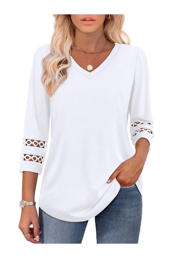 Womens V Neck 3/4 Sleeve Tops Casual Dressy Blouse Loose Fit Curved Hem Tunic Tees Hollow Out Shirts White