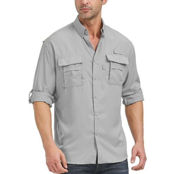 POENTAB Work Shirts for Men Quick Dry Roll Sleeve Sun Protection Beach Shirt Button Up Travel Fishing Tops With Pockets
