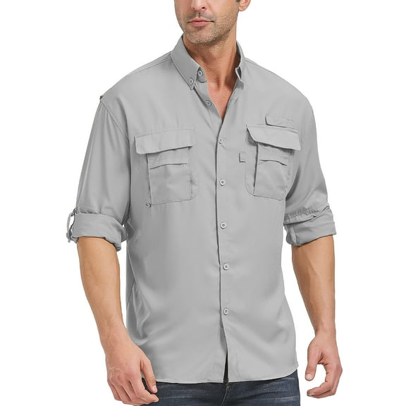 POENTAB Work Shirts for Men Quick Dry Roll Sleeve Sun Protection Beach Shirt Button Up Travel Fishing Tops With Pockets