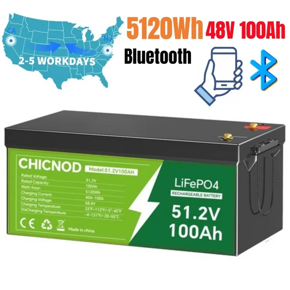 CHICNOD 48V 100Ah LiFePO4 Lithium Battery 5120Wh Bluetooth with BMS For RV/Golf Carts