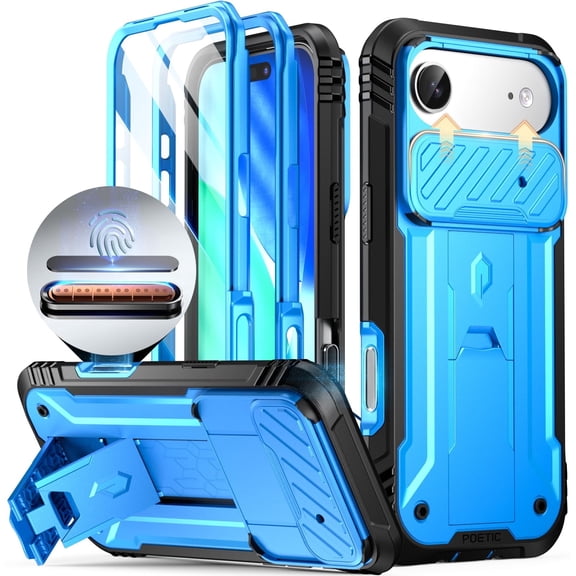 POETIC for iPhone Air Case with Camera Control Capture Button, [Slide Camera Cover] [Built-in Stand] [Built-in Screen Protector] Full-Body Rugged Phone Case for iPhone 17 Air 6.5 inch, Light Blue