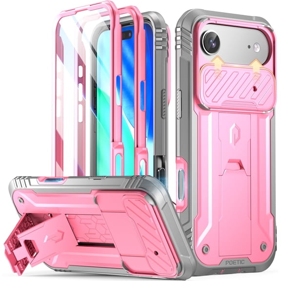 Poetic for iPhone Air Case with Camera Control Capture Button, [Slide Camera Cover] [Built-in Stand] [Built-in Screen Protector] Full-Body Rugged Phone Case for iPhone Air 6.5 inch, Pink