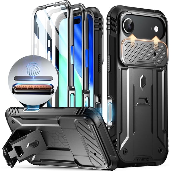 Poetic for iPhone Air Case with Camera Control Capture Button, [Slide Camera Cover] [Built-in Stand] [Built-in Screen Protector] Full-Body Rugged Phone Case for iPhone Air 6.5 inch, Black