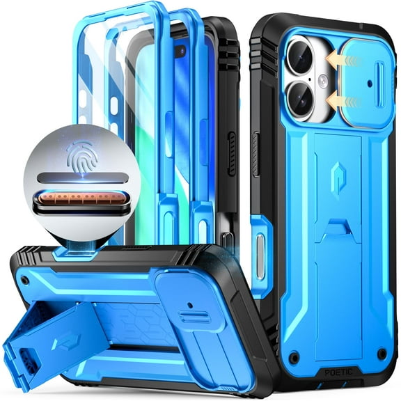 POETIC for iPhone 17 Case with Camera Control Capture Button, [Slide Camera Cover] [Built-in Stand] [Built-in Screen Protector] Full-Body Military Grade Rugged Phone Case for iPhone 17, Light Blue