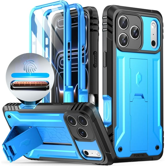 POETIC for iPhone 17 Pro Max Case with Camera Control Capture Button, [Built-in Stand] [Built-in Screen Protector] Full-Body Military Grade Rugged Phone Case for iPhone 17 Pro Max, Light Blue