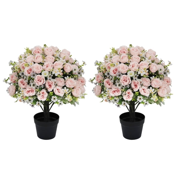 POETREE 24" Artificial Light Pink Rose Topiary, Low Maintenance Faux Flower Tree for Patio Entryway Year Round Decor