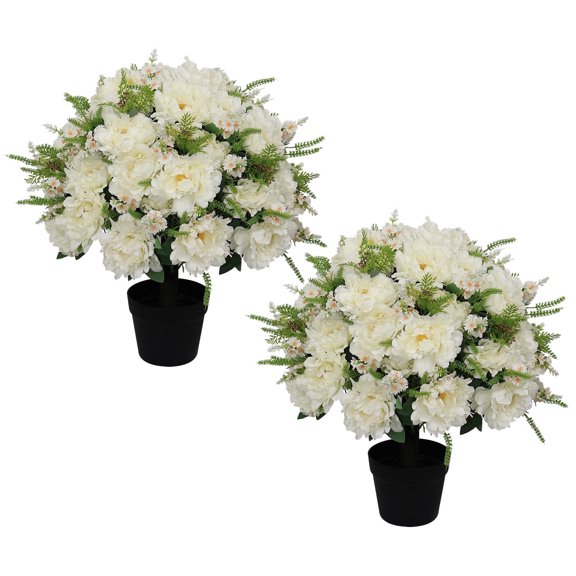POETREE 24in Artificial White Peony Topiary, Faux Peony Bush for Front Porch & Patio, Low Maintenance & Realistic