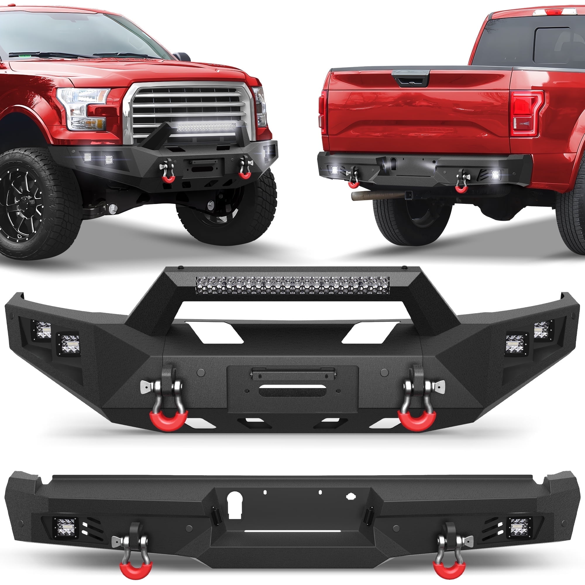 POFENZE Fits 2015 2016 2017 Ford F150  Bumper Truck Front and Rear Bumper Set Off Road Bumper with Lights