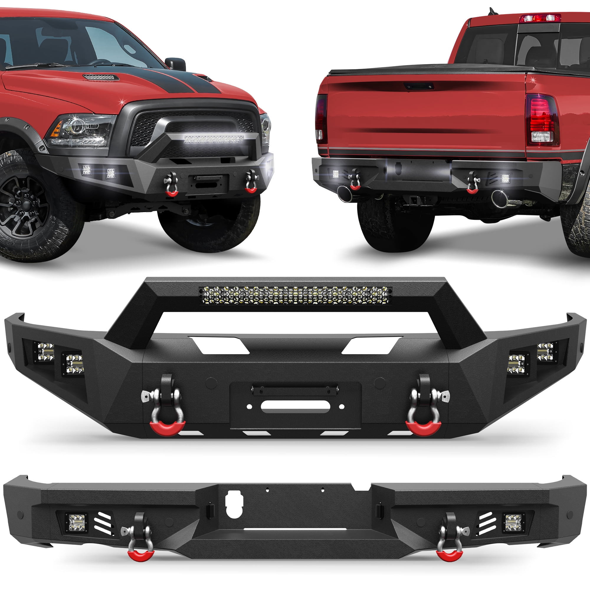 POFENZE Fits 2015-2016-2017-2018 Ram 1500 Rebel Bumper Combo Steel Front and Rear Bumper w/Winch Plate LED Lights