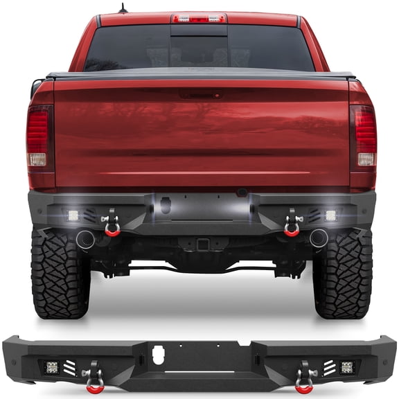 POFENZE Fits 2015-2016-2017-2018 Ram 1500 Rebel Rear Bumper Steel Bumper w/Winch Plate LED Lights