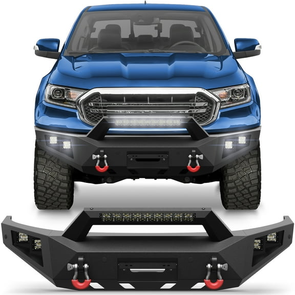 POFENZE Fits 2019-2023 Ford Ranger Front Bumper Off-Road Bumper Equipped with Winch Plate and LED Lights