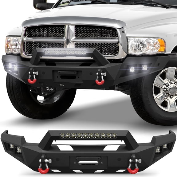 POFENZE Front Bumper for 2003 2004 2005 Dodge Ram 2500/3500 Pickup Truck Steel Bumper with Winch Plate Lights and D-rings
