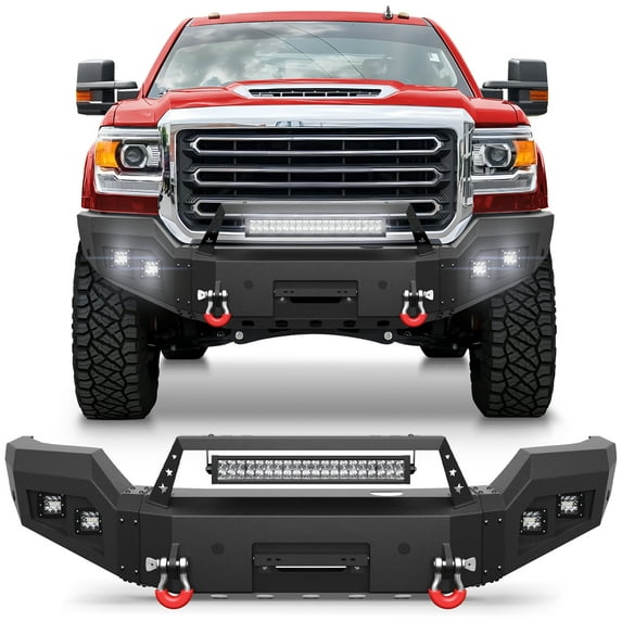 POFENZE Front Bumper for GMC Sierra 2500/3500 2015-2019 Steel Bumper with Winch Plate Lights and D-rings