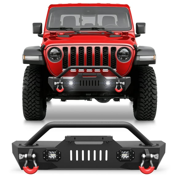 POFENZE Front Bumper for Jeep JK JL JT Mid Width Bumper with License Plate Bracket 2x18W Lights