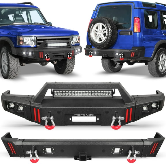 POFENZE Front and Rear Bumper Set for 1999-2004 Land Rover Discovery Series II Off Road Steel Bumper w/Winch Plate, Lights, D-rings