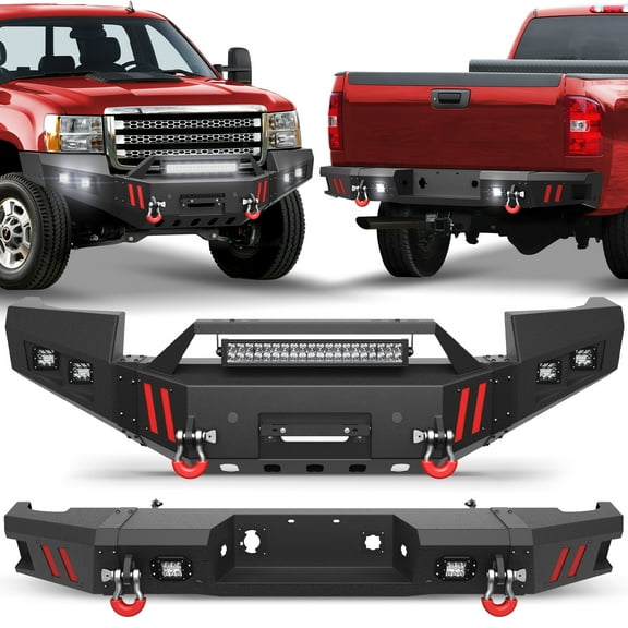 POFENZE Front and Rear Bumper Set for 2011-2014 GMC Sierra 2500/3500 with w/Winch Plate, LED Lights, License Plate Bracket