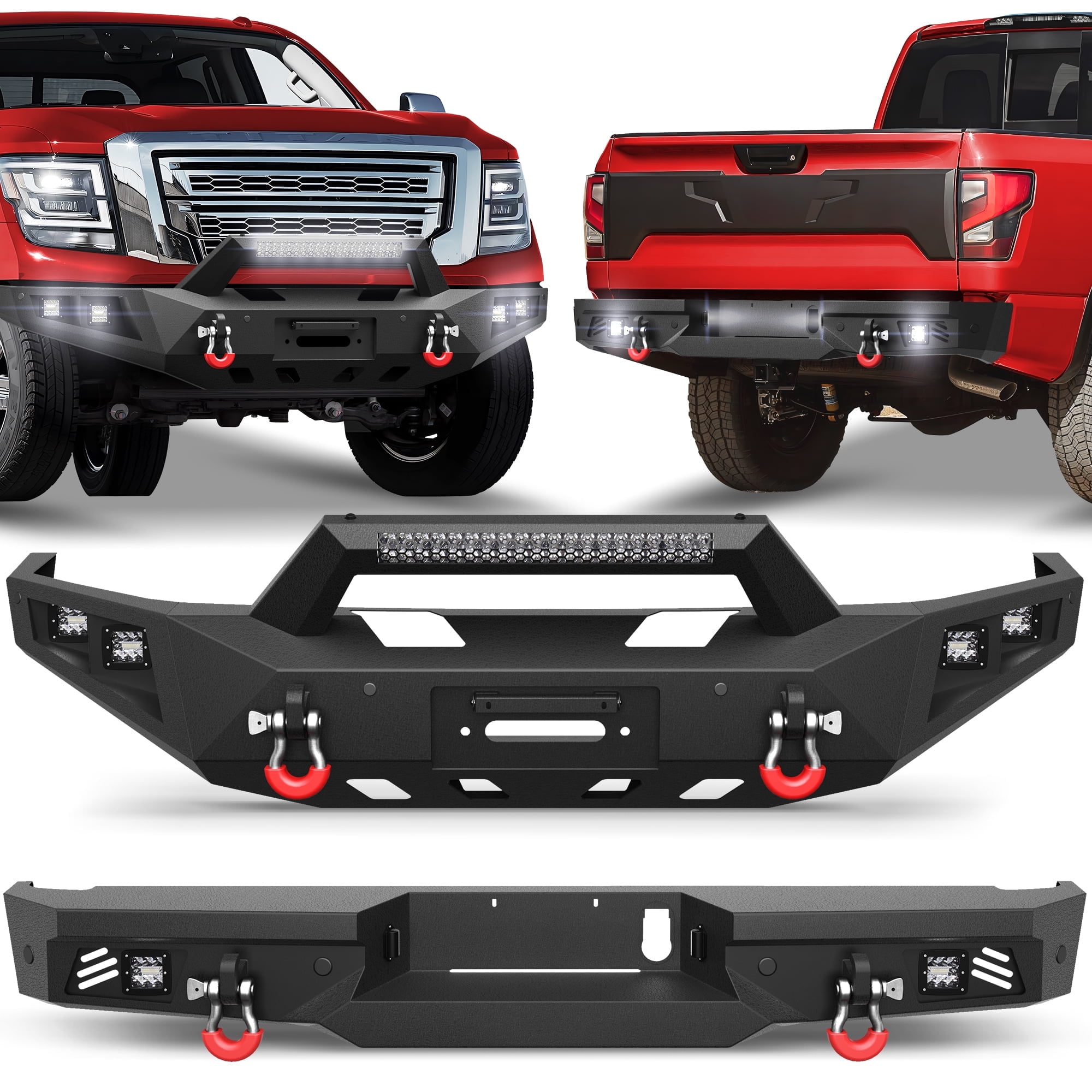 POFENZE Front and Rear Bumper Set for 2016-2024 Nissan Titan Full Width Pickup Truck Bumper w/Winch Plate, Light Bar, 6x18w Fog Lights