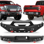 POFENZE Front and Rear Bumper Set for 2016-2024 Nissan Titan Full Width Pickup Truck Bumper w/Winch Plate, Light Bar, 6x18w Fog Lights