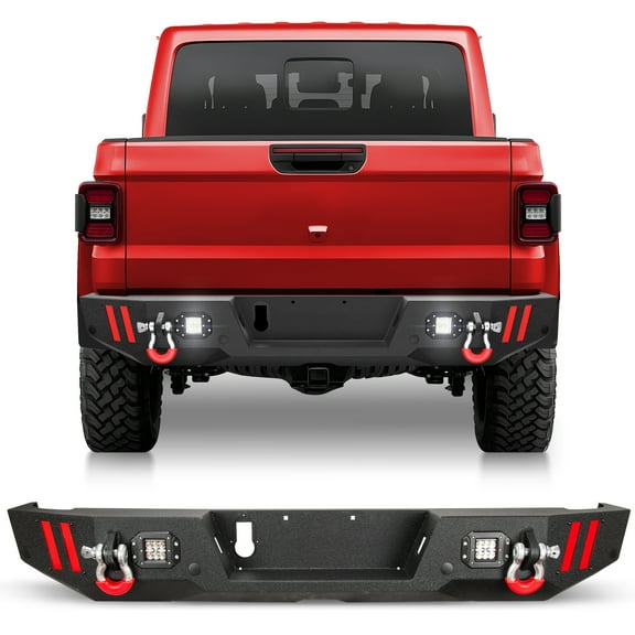 POFENZE Rear Bumper Compatible with Jeep Gladiator JT 2020 2021 2022 2023 2024 2025 Jeep Pickup Bumper with Step Plate, Lights, Sensor Holes and D-rings