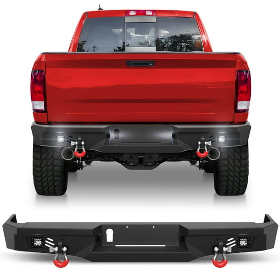 POFENZE Rear Bumper for 2009-2018 Dodge Ram 1500 Pickup and Off Road for 2019-2025 Ram 1500 Classic Only, w/Step Plate, Fog Lights, License Plate Lights