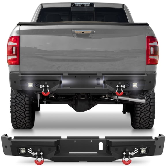 POFENZE Rear Bumper for 2019-2024 Dodge Ram 2500/3500 Black Pickup Truck Bumper for Ram w/Step Plate, 2x18w Lights, D-rings, License Plate Lights