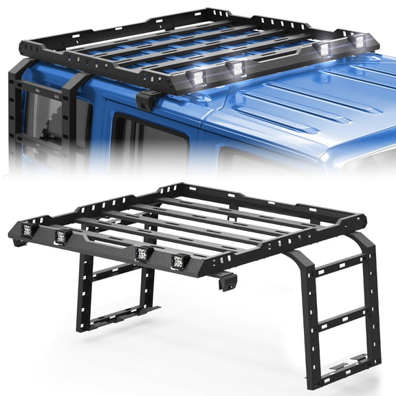 POFENZE Roof Rack for 2007-2018 Jeep Wrangler JK Overland Roof Rack Cargo Carrier with 2 Ladders and 4 LED Lights