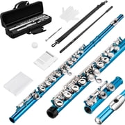 POGOLAB Blue Flutes, Closed Hole C 16 Keys Flute Instrument, Student Flute for Beginner Advanced Player with Flute Cleaning Kit, Carry Bag, Stand, Strap, Probe Rod, Gloves