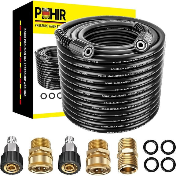 POHIR 1/4" Pressue Washer Hose 100ft 4000 PSI Power Washing Replacement Hose  M22-14MM Extension Adapter