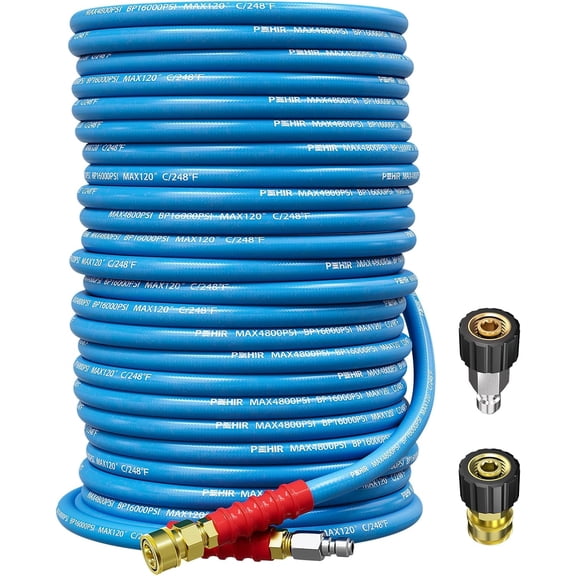 POHIR 100ft Pressure Washer Hose 3/8" 4800 PSI, Kink Resistant Industrial Grade Hose with Quick Connect Ends and Adapters for Hot & Cold Water up to 248F, Steel Wire Braided Hose for Power Washing