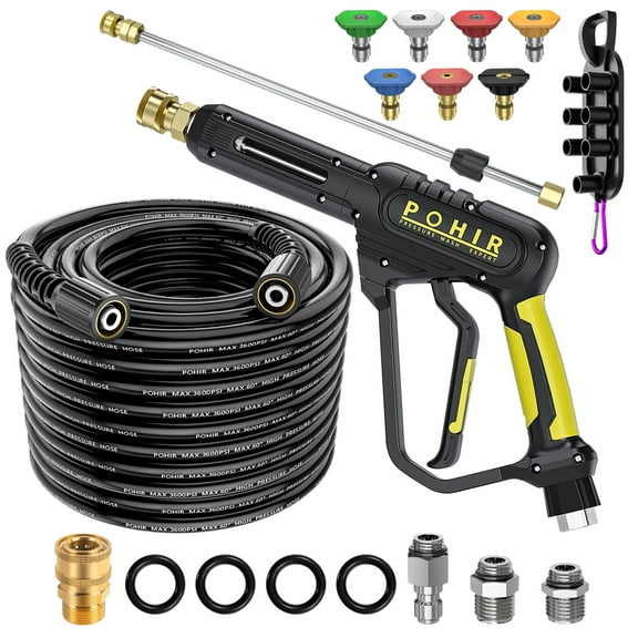 POHIR Pressure Washer Gun and 50FT Hose Kit, 3600 PSI Power Washer Gun Comes With 15in Extension Wand Parts 7 Nozzle Tips Quick Connect Set For Home Cleaning and Car Washing