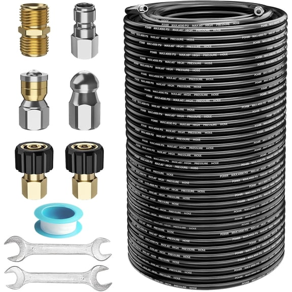 POHIR Sewer Jetter Kit 200FT for Pressure Washer 4000PSI Hydrojet Drain Cleaning Kit with Button Nose 1/4 Inch NPT Rotating Sewer Jet Nozzle Spanner