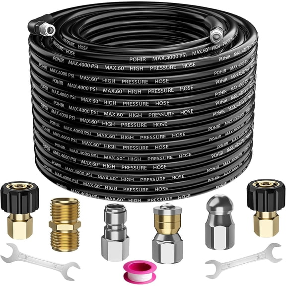 POHIR Sewer Jetter Kit 70FT for Pressure Washer 4000PSI Hydrojet Drain Cleaning Kit with Button Nose 1/4 Inch NPT Rotating Sewer Jet Nozzle Spanner