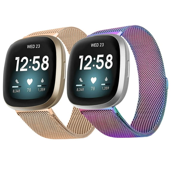 POHNUI Adjustable Stainless Steel Mesh Band, Compatible with Fitbit Versa 3/4/Sense 2, Count 2